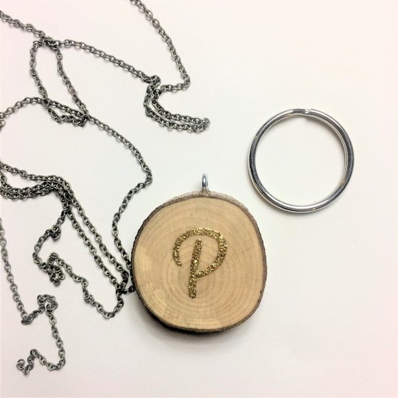 Initial Jewelry, P Initial Wood Slice Pendant, Key Chain, Necklace, Personalized - Picture 2 of 4